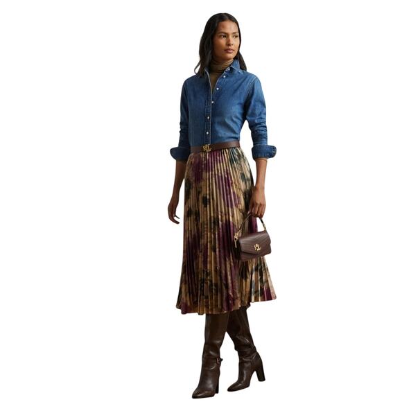 Ralph Lauren $225 Print Pleated A-Line Midi Skirt Size 14 - Picture 1 of 6